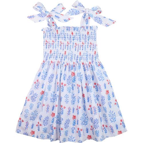 Red And Blue Floral Smocked Shoulder Tie Dress | Cecil and Lou
