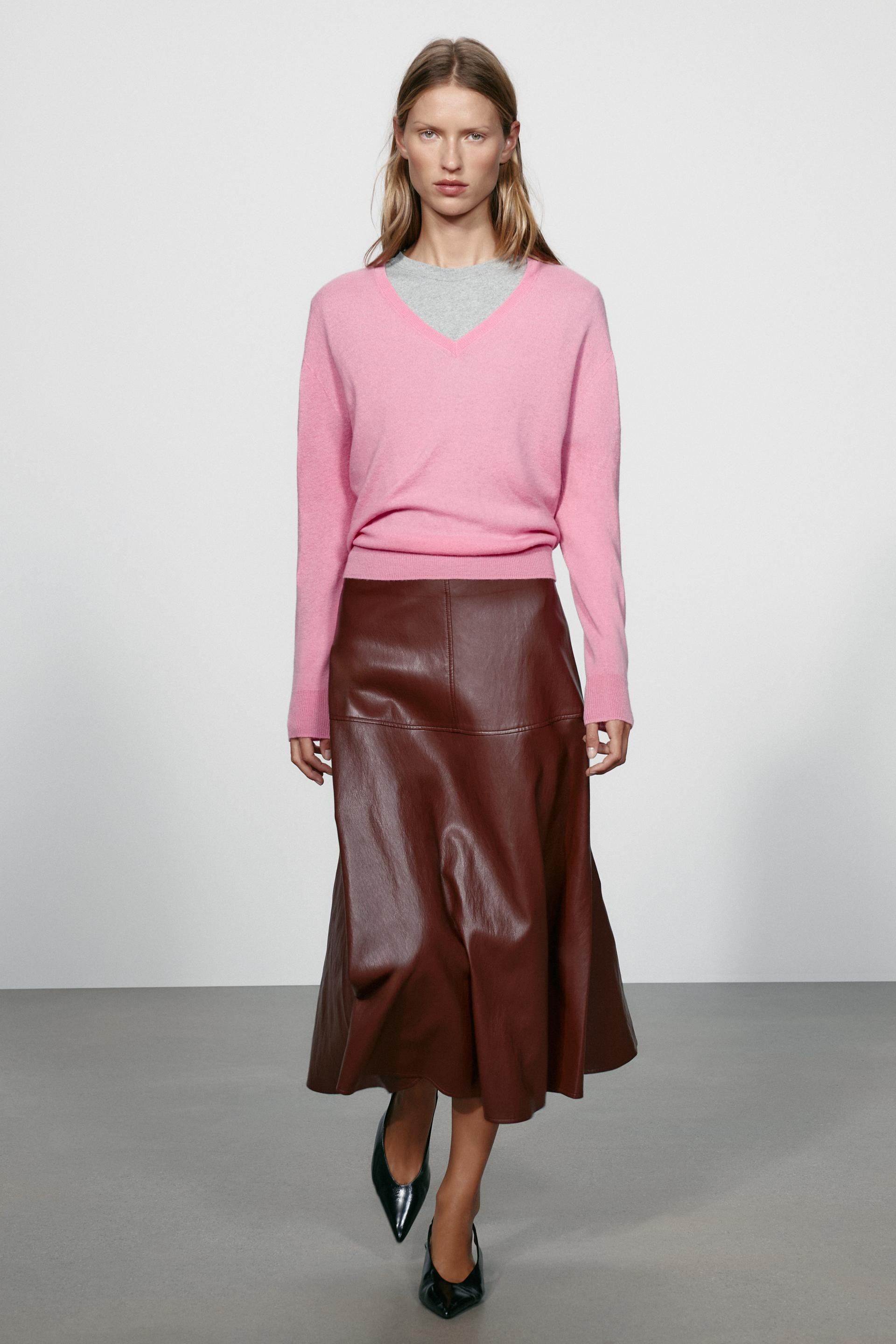Zara - Faux Leather-Effect Midi A-Line Skirt - Burgundy - M - Woman | Zara US