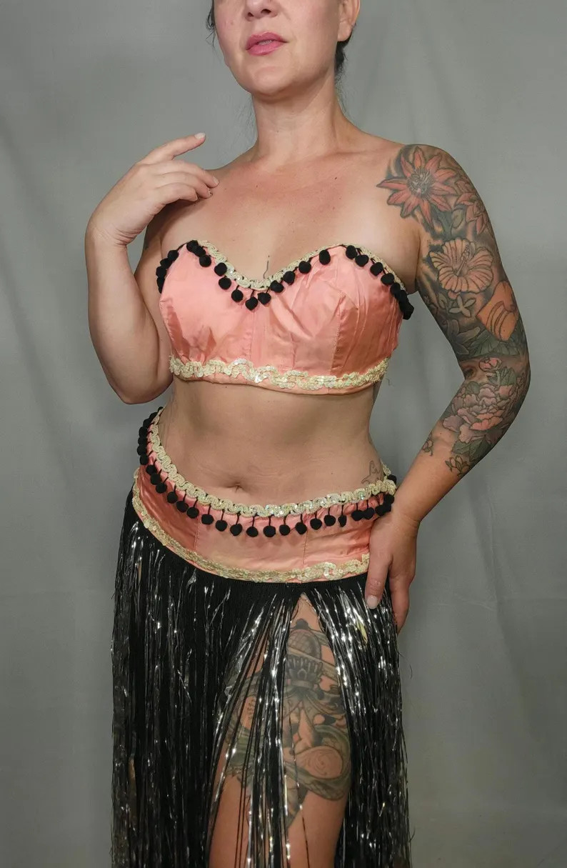 Vintage Burlesque Costume Showgirl Bra Top and Tinsel Fringe Skirt Pompoms and Sequins - Etsy | Etsy (US)