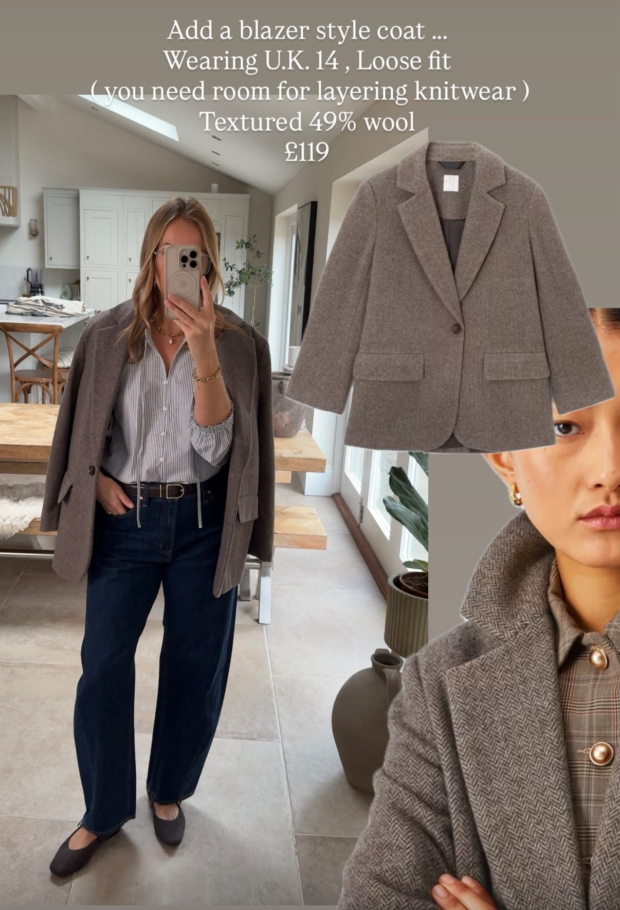 Adding a blazer style coat to that outfit 
Beautiful texture 
Great finishing layer 
Roomy fit 
Wearing a U.K. 14 

Jeans 31 waist 
Blouse U.K. 14 
Shoes true to size 
Belt m/l 

#LTKworkwear #LTKwinter #LTKautumn