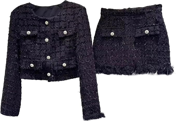 Wind Tweed Two Piece Set for Women Autumn Winter Fur Trim Short Jacket+Mini Skirt Suits Female Ou... | Amazon (US)