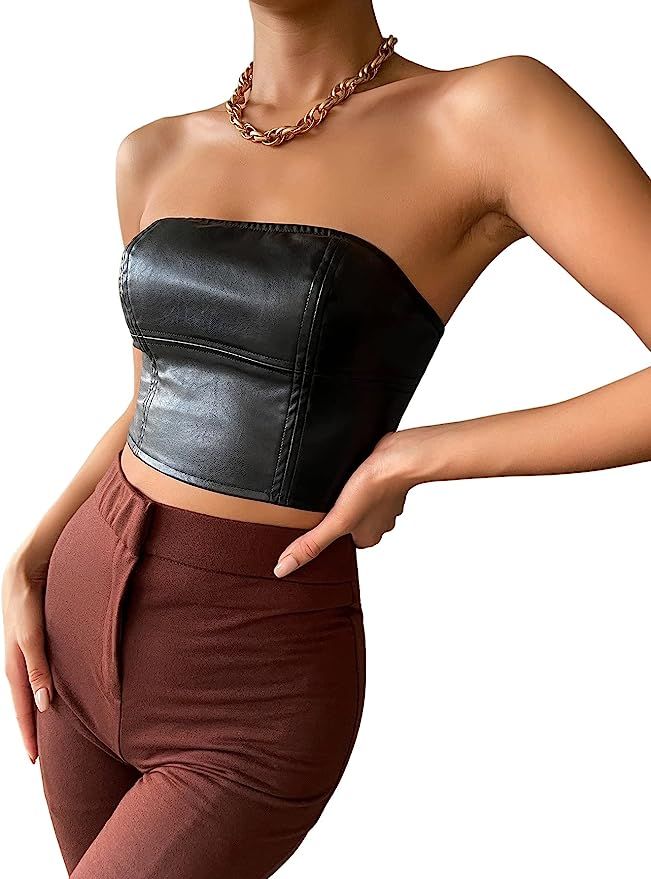 SheIn Women's PU Leather Crop Top Sleeveless Strapless Solid Bandeau Tube Tops | Amazon (US)