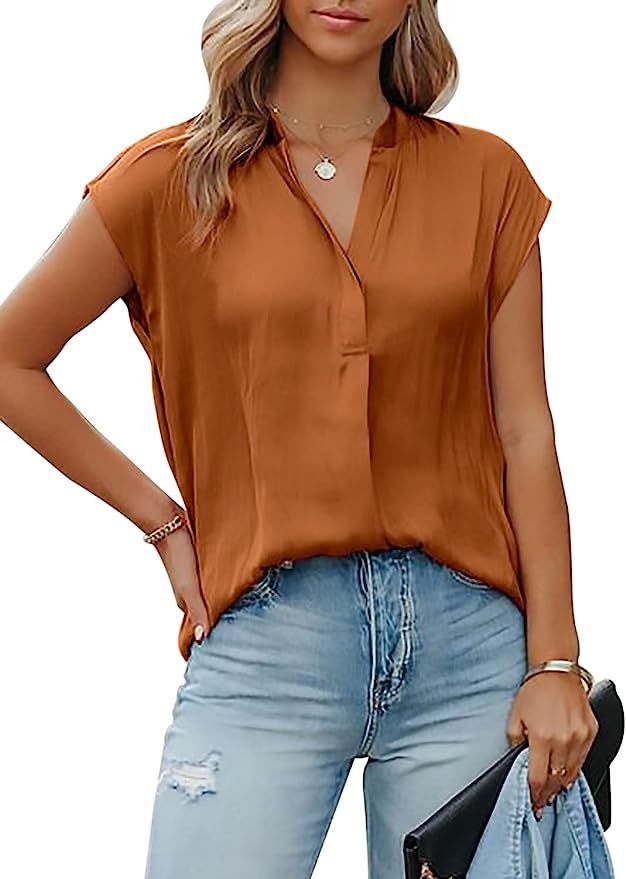 Visailiy Women's Summer Casual Tops V Neck Cap Sleeves T-Shirts Loose Fit Basic Blouse | Amazon (US)
