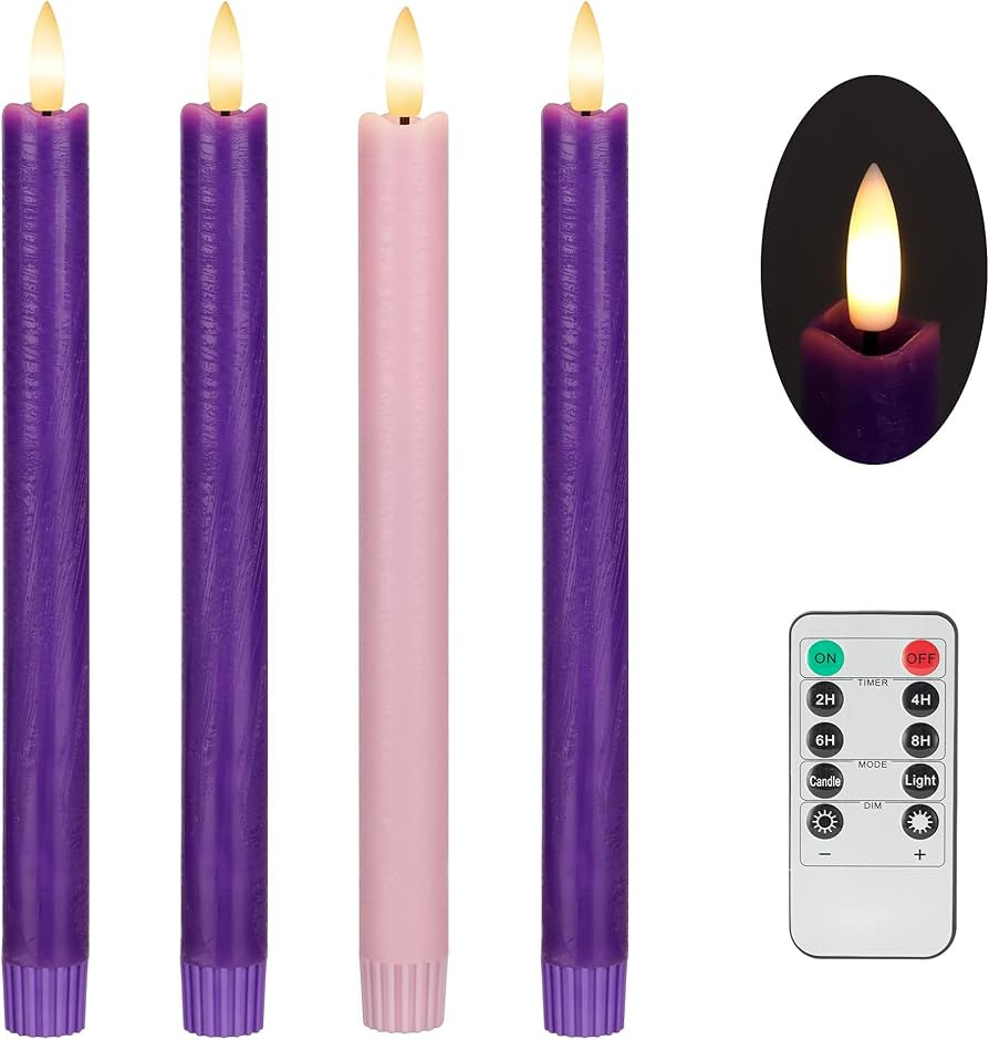 Flameless Advent Candles Set of 4, Real Wax Advent Taper Candles Battery Operated 9.6", Purple an... | Amazon (US)