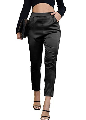 heipeiwa Women's Satin Pants Dress Casual Pleated Pull on High Waist Pants Baggy Front Tapered Trouser | Amazon (US)