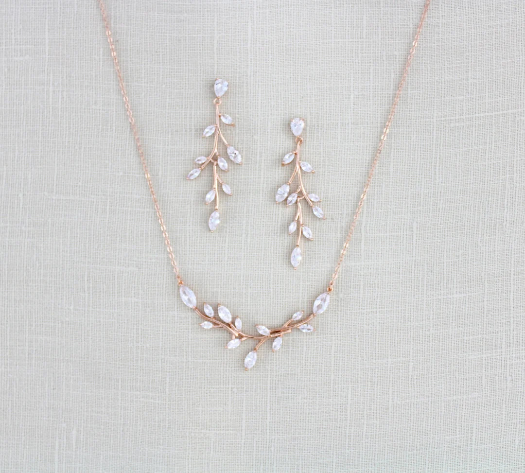 Rose Gold Bridal Necklace Rose Gold Bridal Earrings Bridal Jewelry Set Dainty Wedding Jewelry CZ ... | Etsy (US)