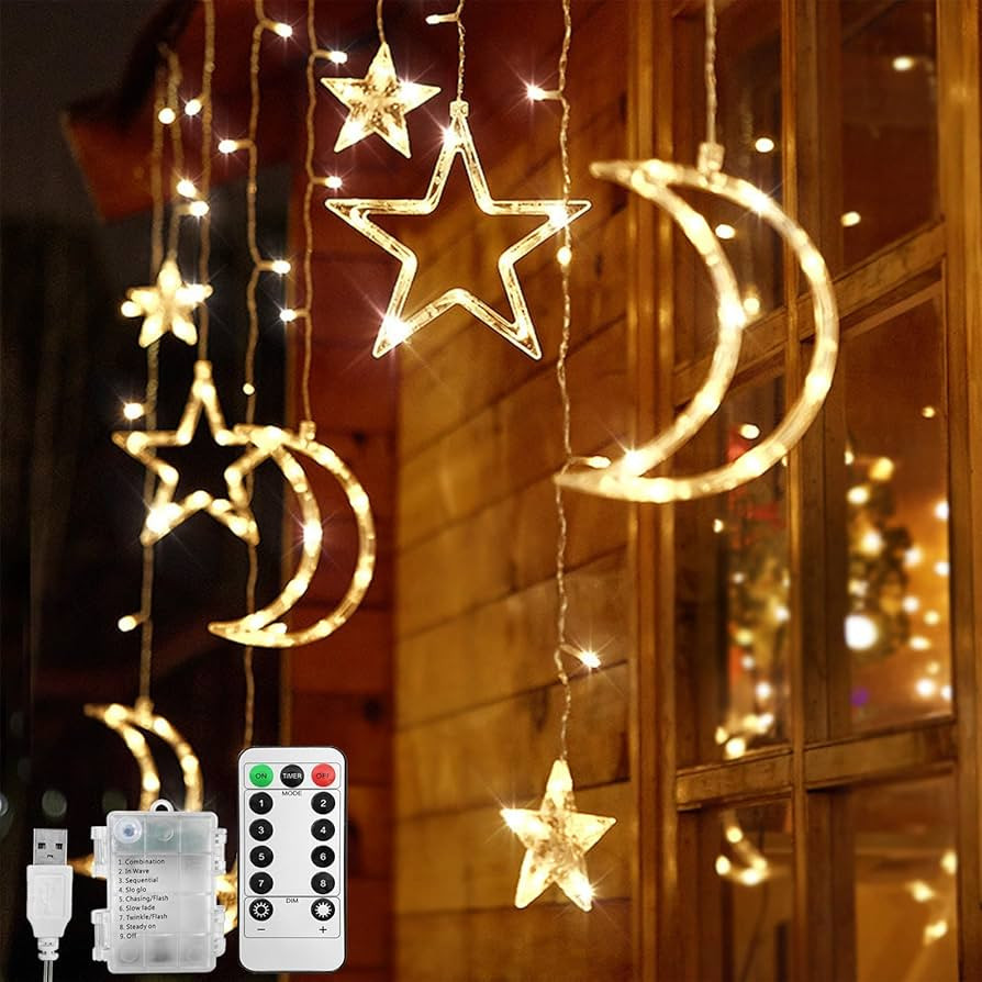 Jsdoin Ramadan LED String Lights - 3.5m Star Moon LED Curtain Lights with 8 Flashing Modes Decora... | Amazon (UK)