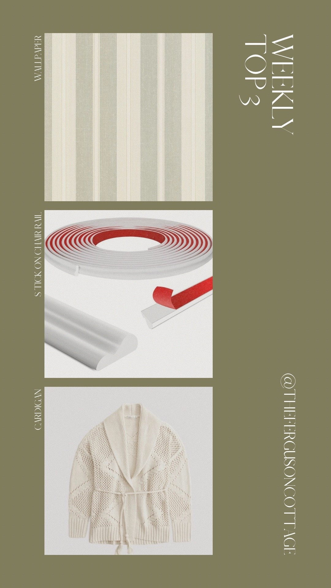 Toure 3 favorite things this week! 

This wallpaper is muted and perfect for those wanting to make a subtle yet sophisticated statement 

This trim is paintable and perfect for bowed walls, curved applications or non permanent touches 

This sweater is so cozy



#LTKHome #LTKOver40