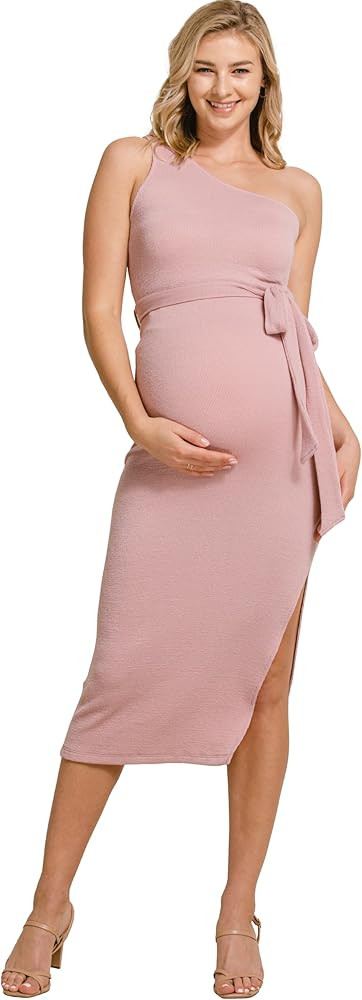 LaClef Womens One Shoulder Side Slit Tie Waist Maternity Dress | Amazon (US)