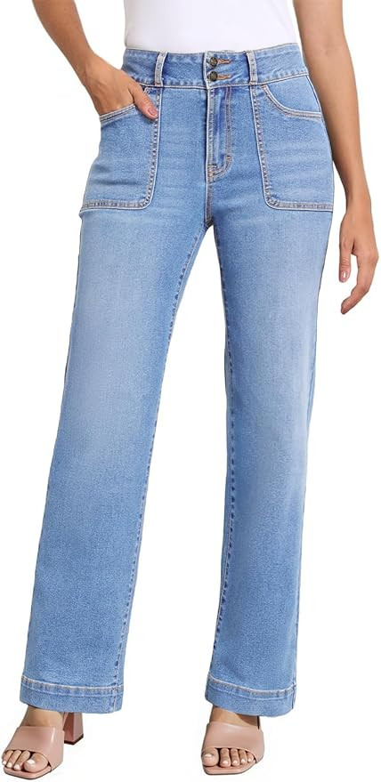 SIDEFEEL Women's High Waisted Straight Leg Jeans Stretchy Tummy Control Wide Leg Denim Pants Fall... | Amazon (CA)