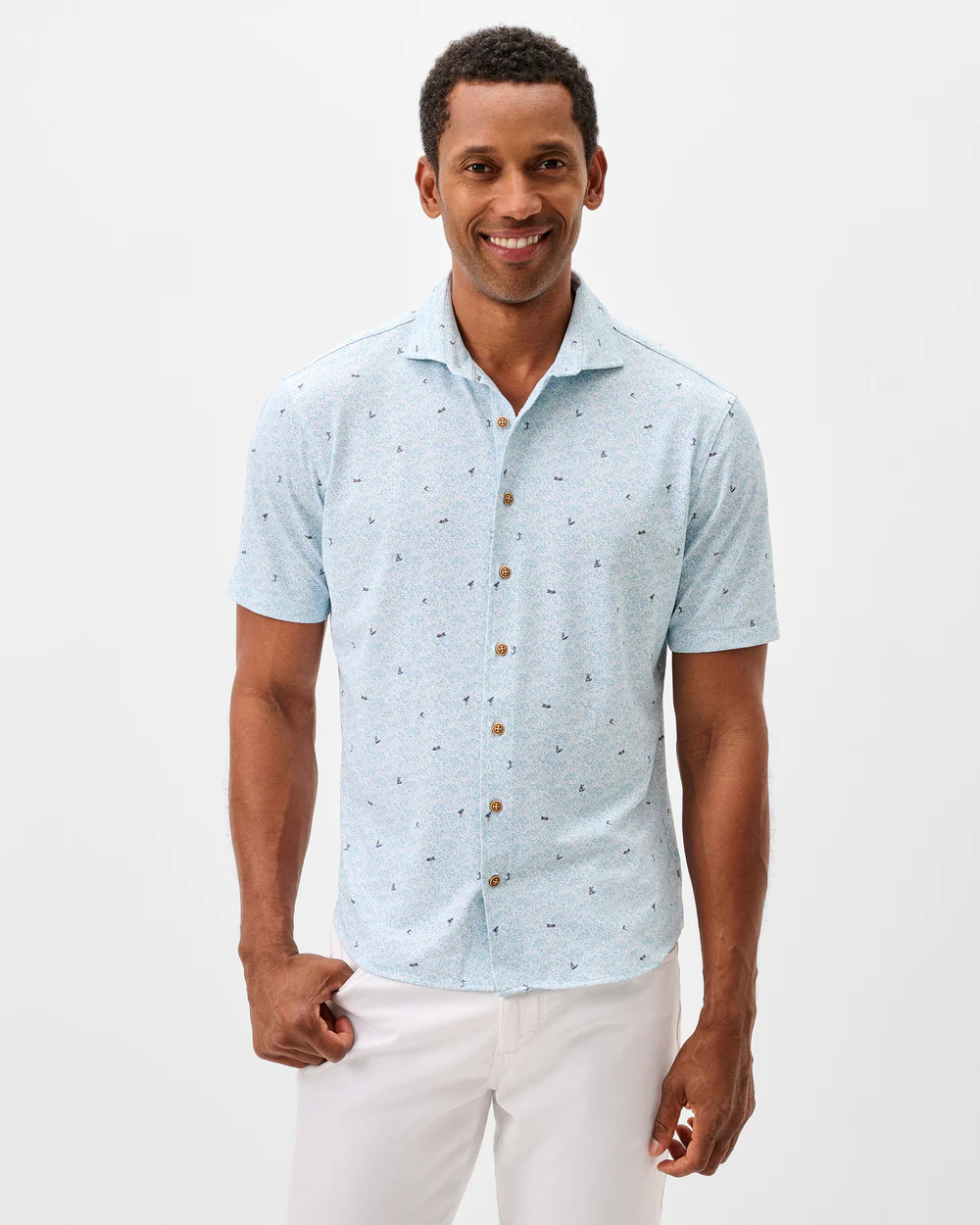 Printed Mesh Short Sleeve Button Down Shirt - Rowing Printed Knit | johnnie O