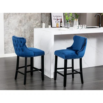 Button Blue Velvet With Wooden Legs And Nailhead Trim - Of 2 Sw1824bl Chic Chairs Contemporary Upholstered In Decoration 2 Enrapturing Bar | Wayfair North America
