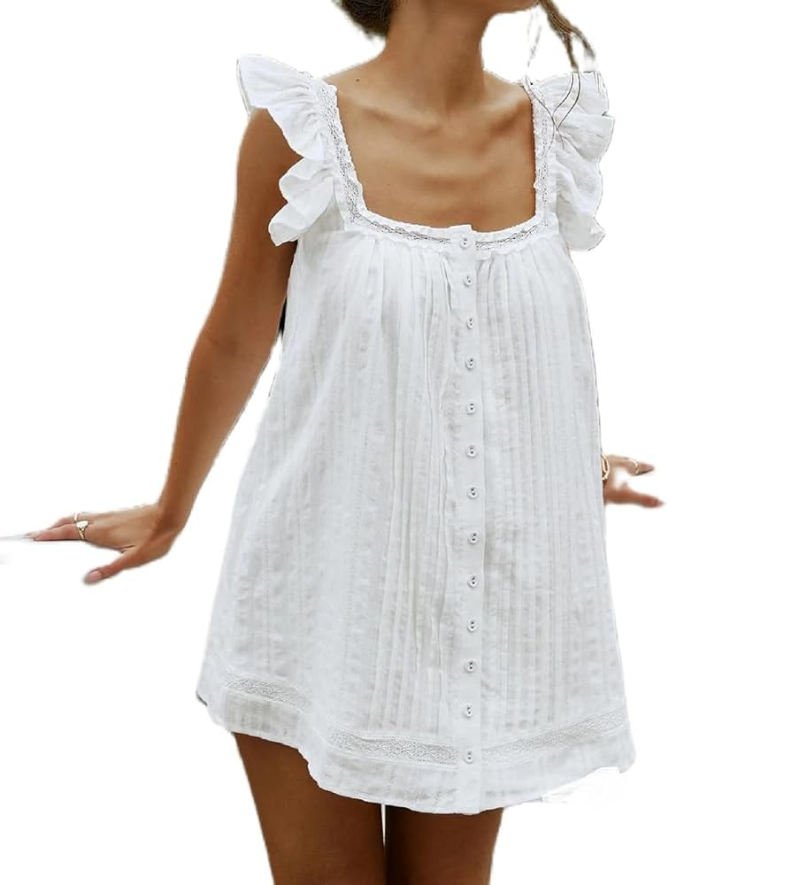 Women Lace Trim Mini Cami Dress Spaghetti Strap Square Neck Short Dress Boho Loose Flowy Backless... | Amazon (US)
