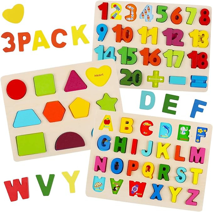 Wooden Puzzles for Toddlers - Wood Alphabet Number Shape Learning Puzzle for Kids Ages 2 3 4 5 - ... | Amazon (US)