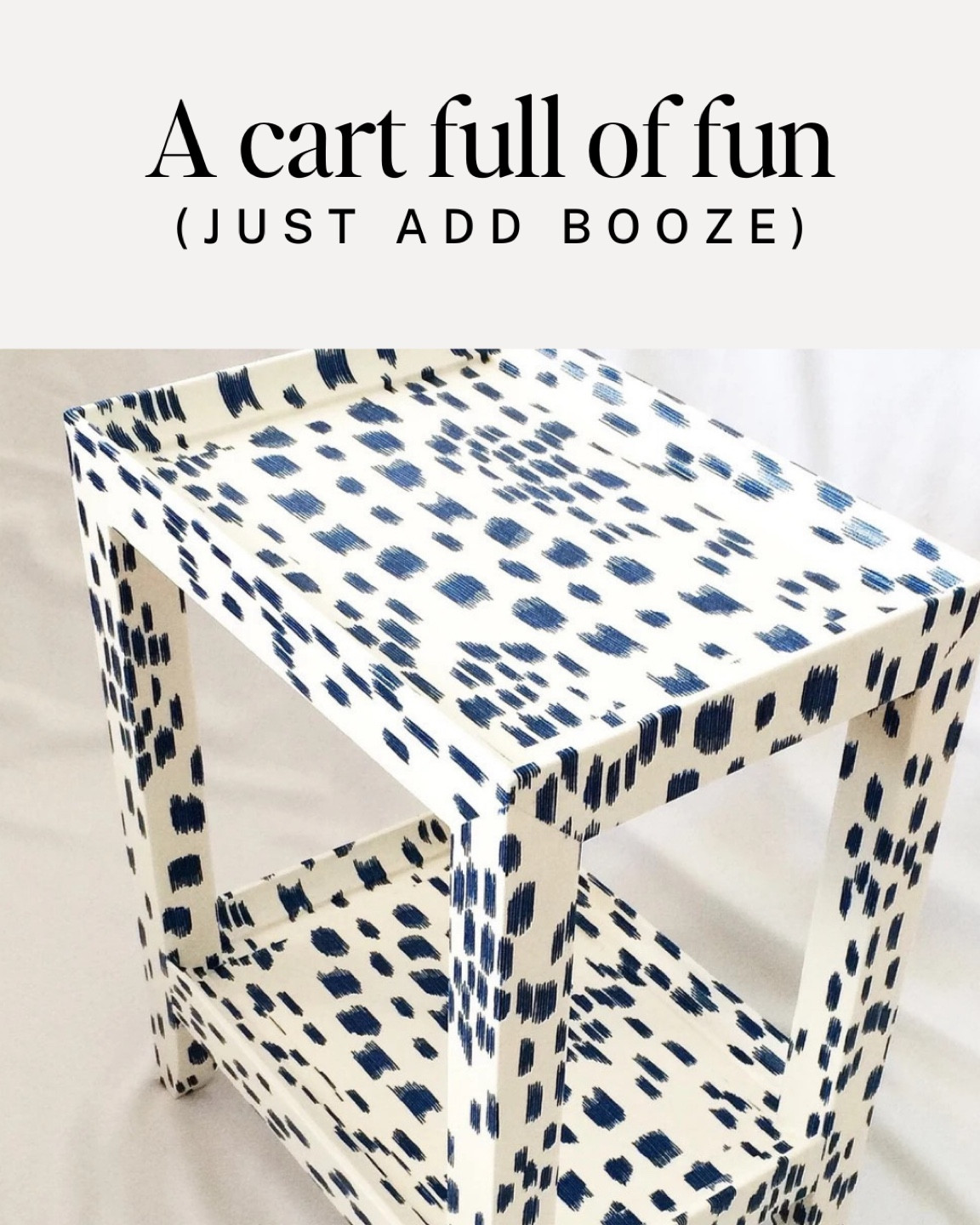 Bar cart with a twist. 

Do you love a good print? This custom barcart is on Etsy. You're welcome. 

#grandmillenial #maximalist #chinoiserie #palmbeachchic #blueandwhite #barcart #entertaining #summer #parties #weddings

#LTKHome #LTKParties #LTKStyleTip