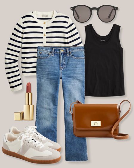 Casual spring outfit
Smart casual outfit
J.Crew outfit
J.Crew sweater lady jacket
Striped sweater
Navy and white striped cardigan
Black sunglasses
Black tank top
Brown crossbody bag
Pink lipstick
Field sneakers
Adidas Sambas dupes

#LTKfindsunder100 #LTKSeasonal #LTKstyletip