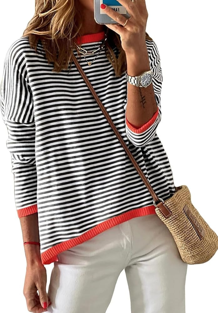 Dokotoo Women's Long Sleeve Sweaters Casual Crewneck Fashion Spring Striped Color Block Shirts Hi... | Amazon (US)