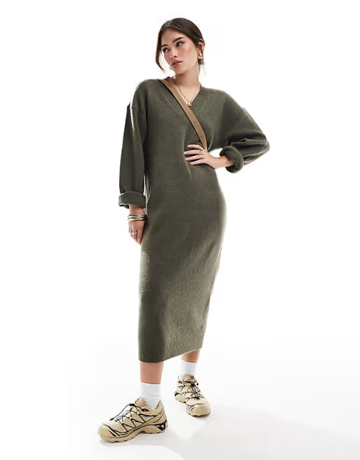 ASOS DESIGN knitted v neck midaxi dress in khaki | ASOS (Global)