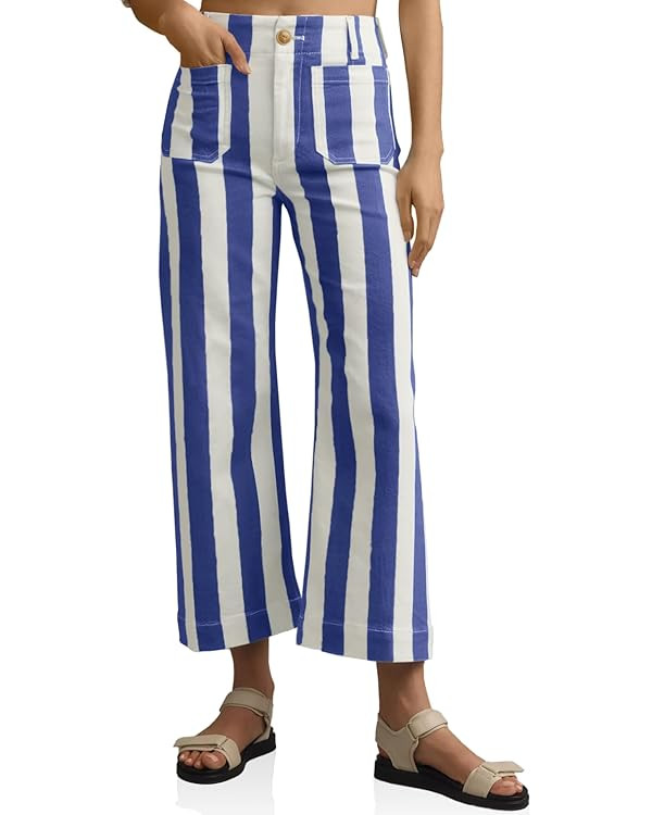 Tankaneo Womens Cropped Striped Jeans Casual High Waisted Stretchy Polka Dots Straight Leg Denim ... | Amazon (US)