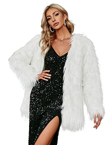 Simplee Apparel Women's Long Sleeve Fluffy Faux Fur Warm Coat,White,Size : Asian S,US 0-2 | Amazon (US)