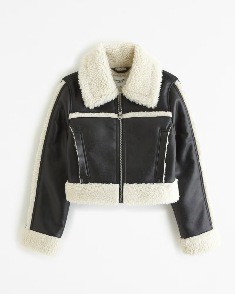 Cropped Vegan Leather Shearling Jacket | Abercrombie & Fitch (US)