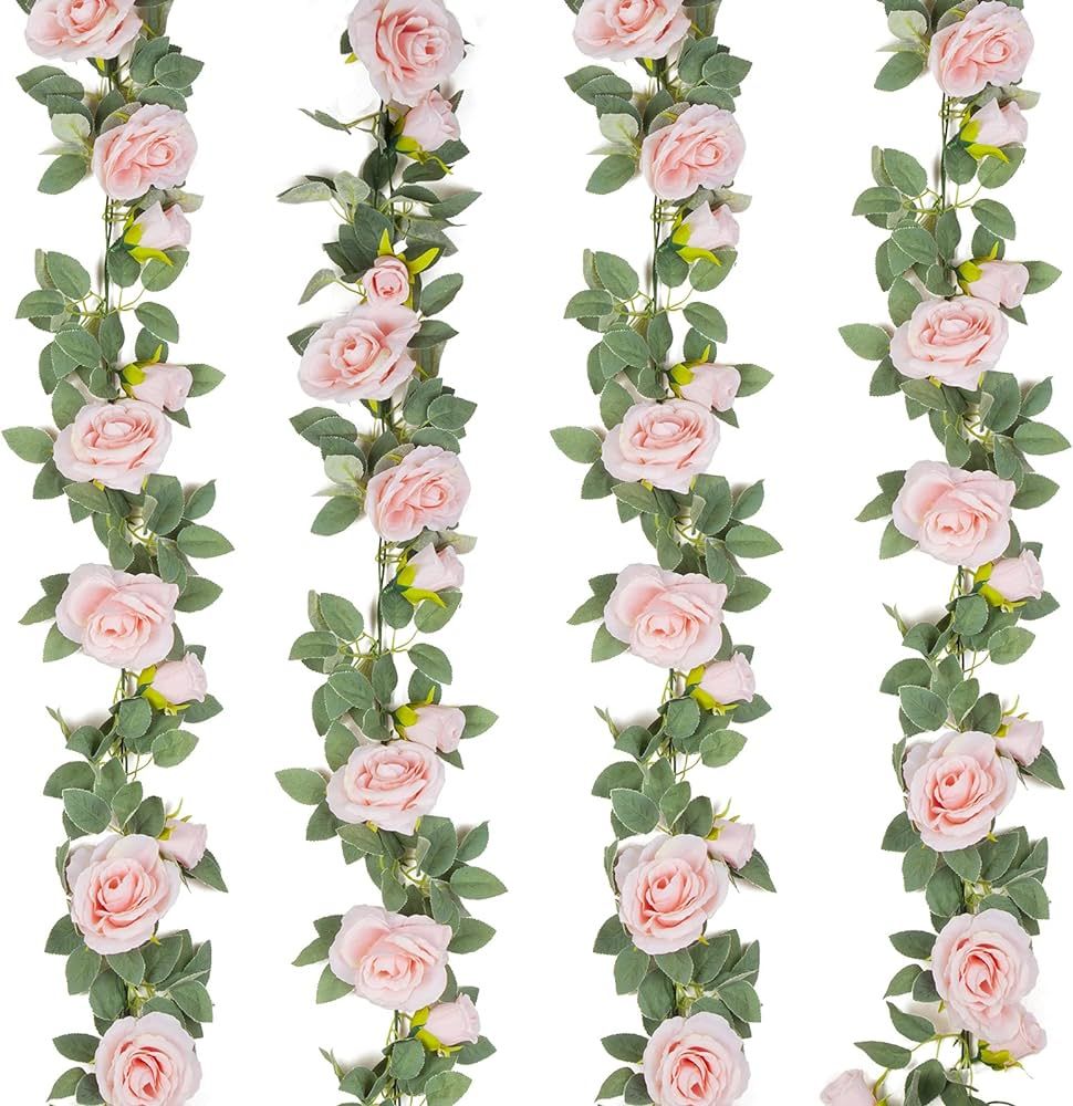 TELDRASSIL 4Pcs(26 FT) Artificial Rose Vine Fake Flower Garland Fake Silk Rose Hanging Vine for W... | Amazon (US)