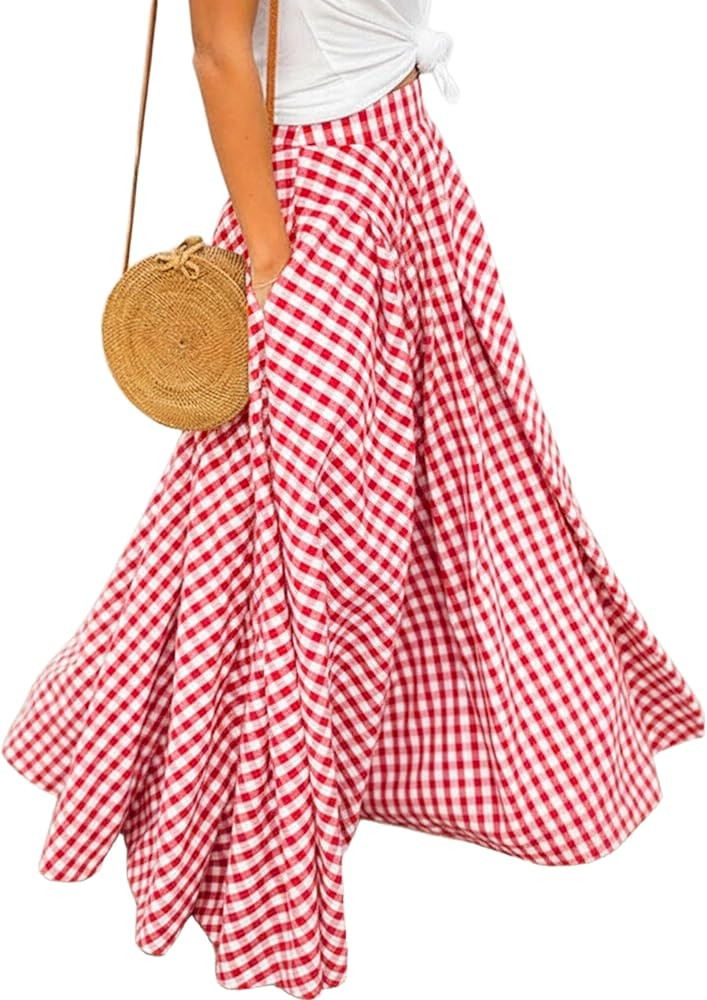 Mansy Women's Plaid Gingham Maxi Skirt High Waist A Line Pleated Flared Summer Casual Swing Long ... | Amazon (US)