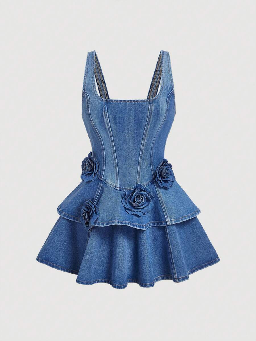 SHEIN MOD Women's 3D Floral Decor Wide Strap Simple Casual Denim Dress | SHEIN