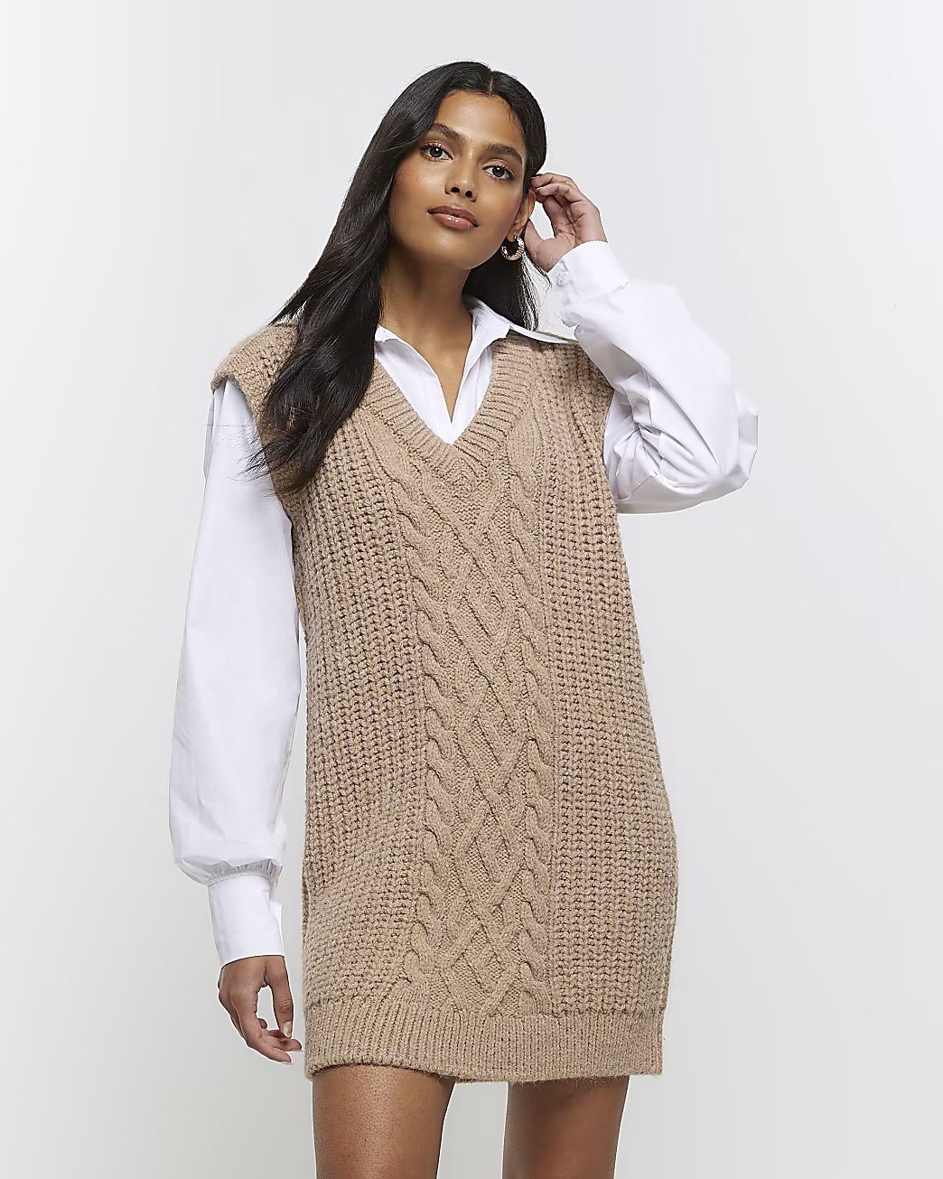 Beige cable knit hybrid jumper mini dress | River Island (US)