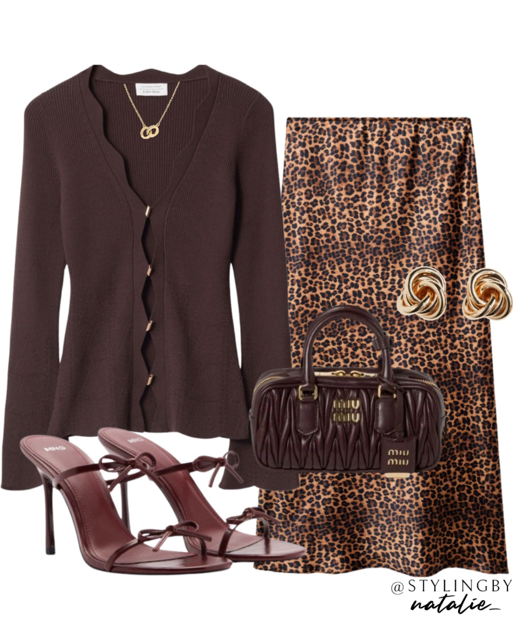 Leopard print satin skirt, scalloped cardigan, bow heel sandals, Miu Miu bag, knot earrings. Going out outfit, date night, autumn outfit, fall fashion.

#LTKautumn #LTKshoes #LTKstyletip