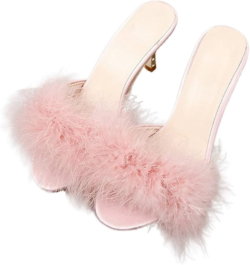 YIBLBOX Women's Round Toe Sandal Fluffy Feather Sexy Slippers Kitten Heeled Slippers | Amazon (US)