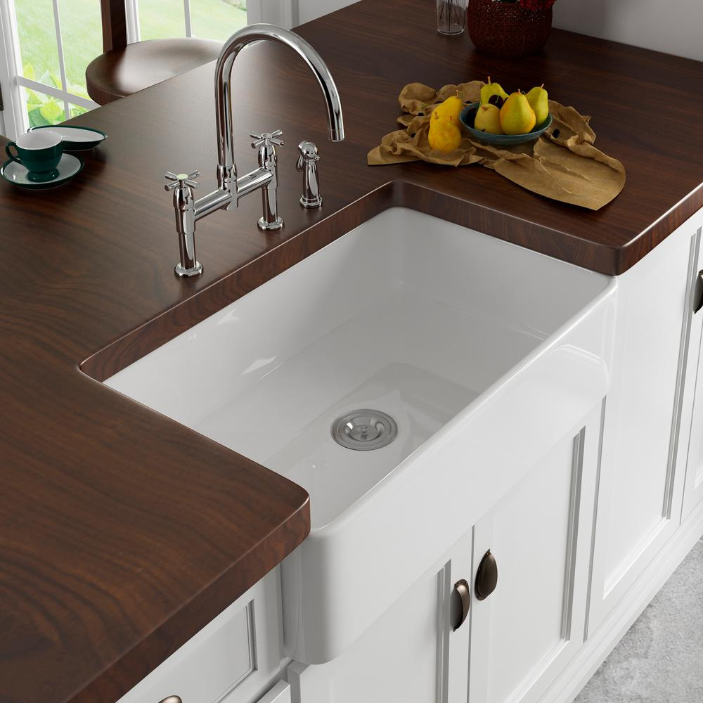 Eridanus White Ceramic 33 in. Single Bowl Farmhouse Apron Kitchen Sink with Grid and Strainer, Ivory | The Home Depot