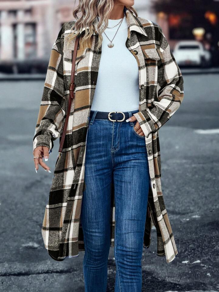 SHEIN LUNE Plaid Print Drop Shoulder Flap Detail Coat | SHEIN