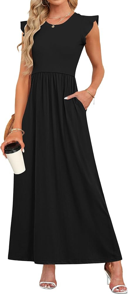 MISFAY Women's Ruffle Sleeve Maxi Dresses Casual Crewneck Long Dress with Pocket | Amazon (US)