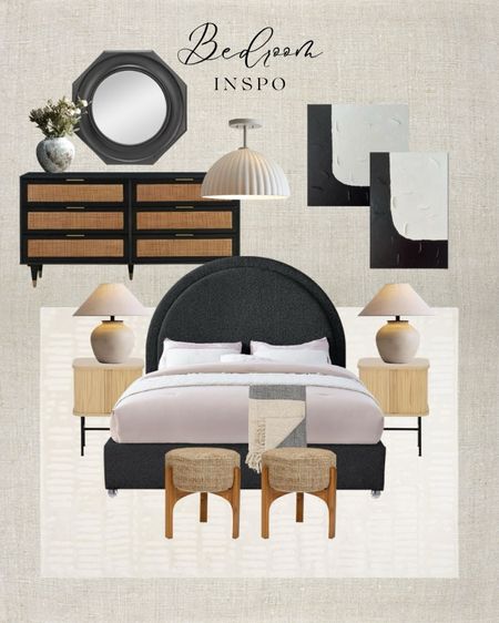Black bed modern. Upholstered bed black. Modern bedroom furniture. Black white art abstract. Modern dresser rattan. White oak nightstands. Round stools bed bench. 

#LTKhome #LTKsalealert
