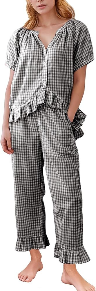 Flygo Womens Plaid 2 Piece Pajamas Sets Gingham Button Down Puff Sleeve Babydoll Shirt Ruffle Pan... | Amazon (US)