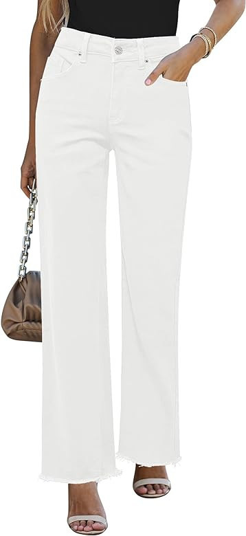 GRAPENT Straight Leg Jeans for Women High Waisted Stretchy Frayed Raw Hem Loose Denim... | Amazon (US)