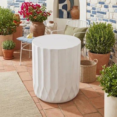 Modern Lightweight Concrete Look End Table, Rounded Cylinder Outdoor Side Table with Inverted Scallop Edge | Wayfair North America