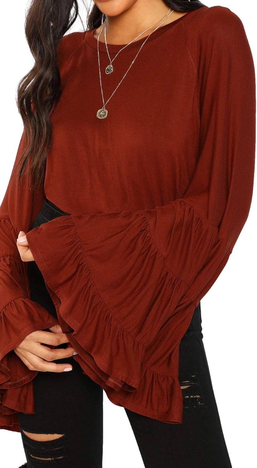 Floerns Women's Casual Boho Ruffle Long Bell Sleeve Tops Tee Shirt | Amazon (US)