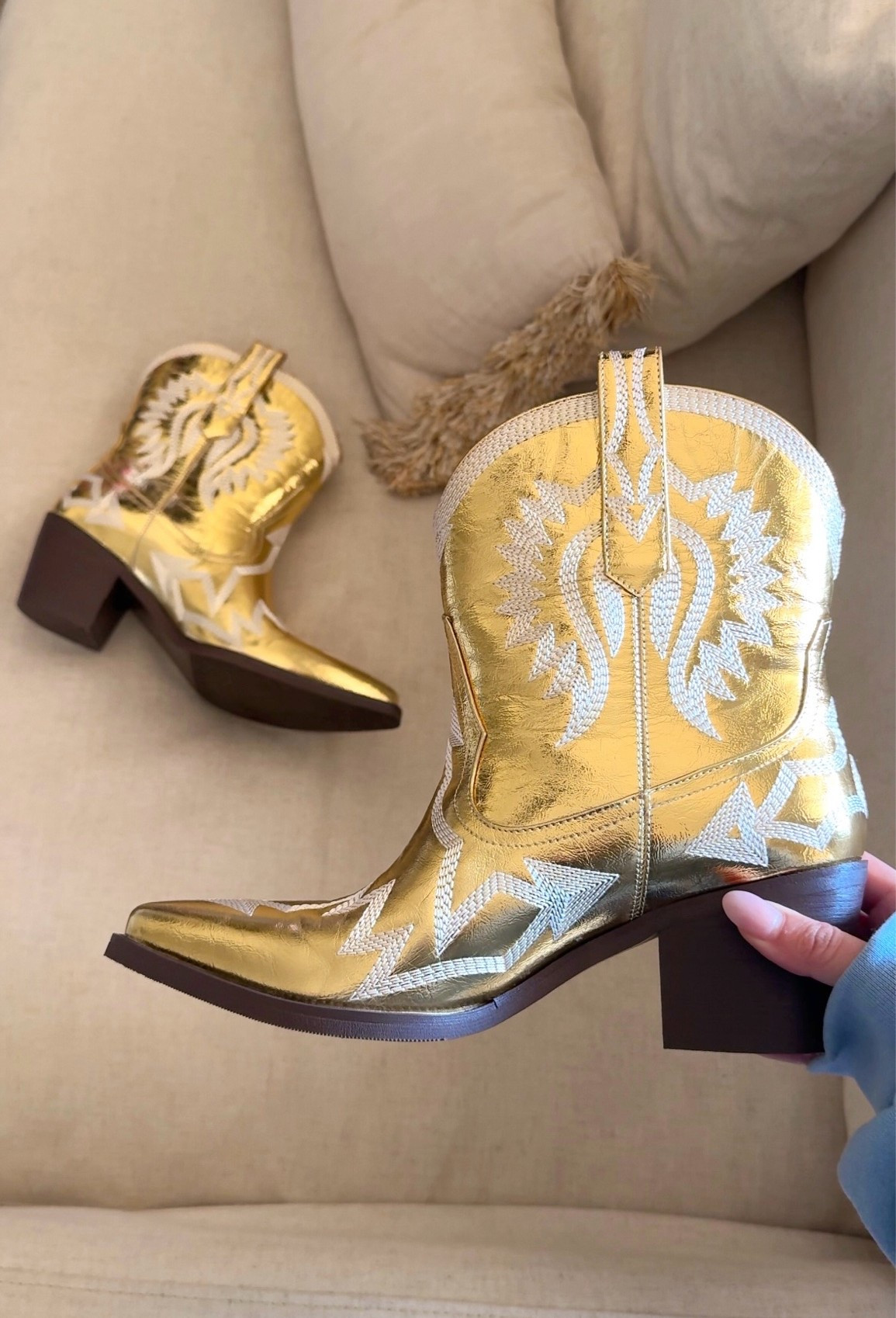 Metallic gold cowboy boots / LSU football game day outfits / gold western boots ankle boots / country concert / country music festival / Halloween costume