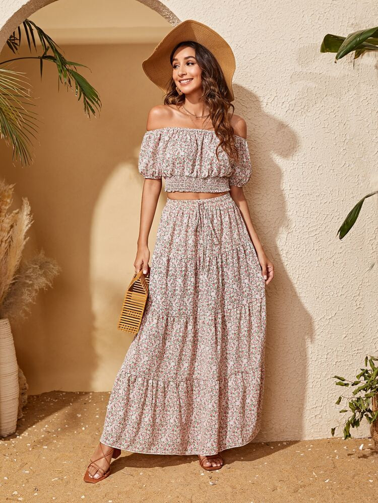 SHEIN Ditsy Floral Print Off Shoulder Crop Top & Skirt Set | SHEIN