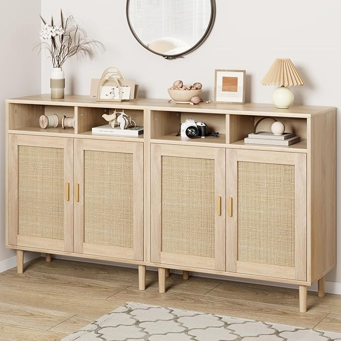 Set of 2 Sideboard Buffet Cabinet, Rattan Cabinet with 2 Doors, Accent Kitchen Storage Cabinet, C... | Amazon (US)