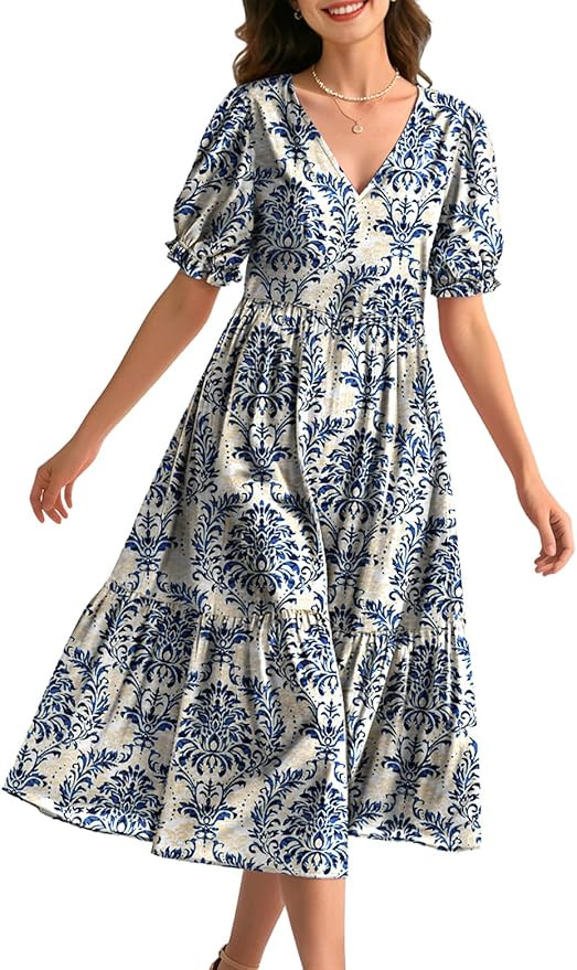Women's Summer Boho Floral Dress V Neck Short Sleeve Midi Dresses with Pockets Beach Vacation Dai... | Amazon (US)