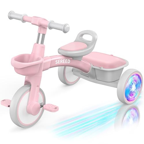 SEREED Colorful Lighting Toddler Tricycle for 2-5 Years Old Girls, Adjustable Seat&Handlebar Trike, Removable Basket, Birthday Gift Idea for Kids Ages 2+ (Pink) | Amazon (US)