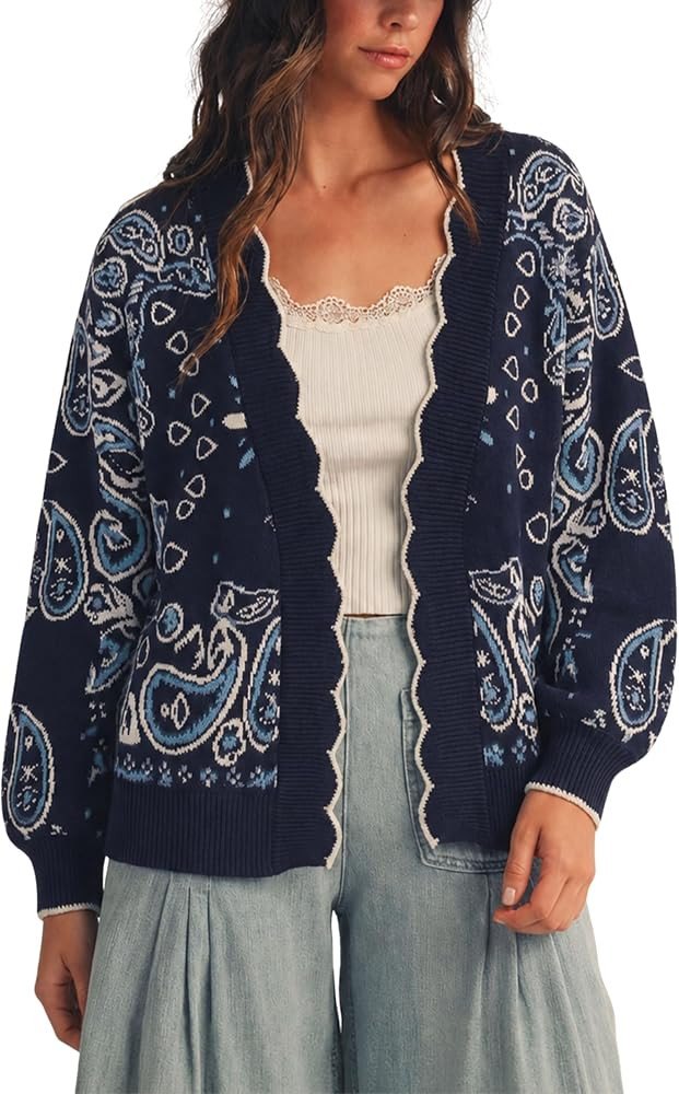 Hongsui Women's Trendy Bandana Paisley Printed Cardigan Knit Sweater | Amazon (US)