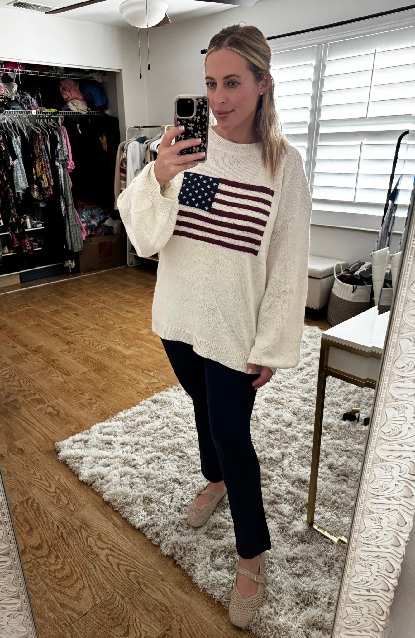 Flag sweater. Ballet flats. Casual style at 11 weeks pregnant 

#LTKMidsize #LTKBump #LTKootd