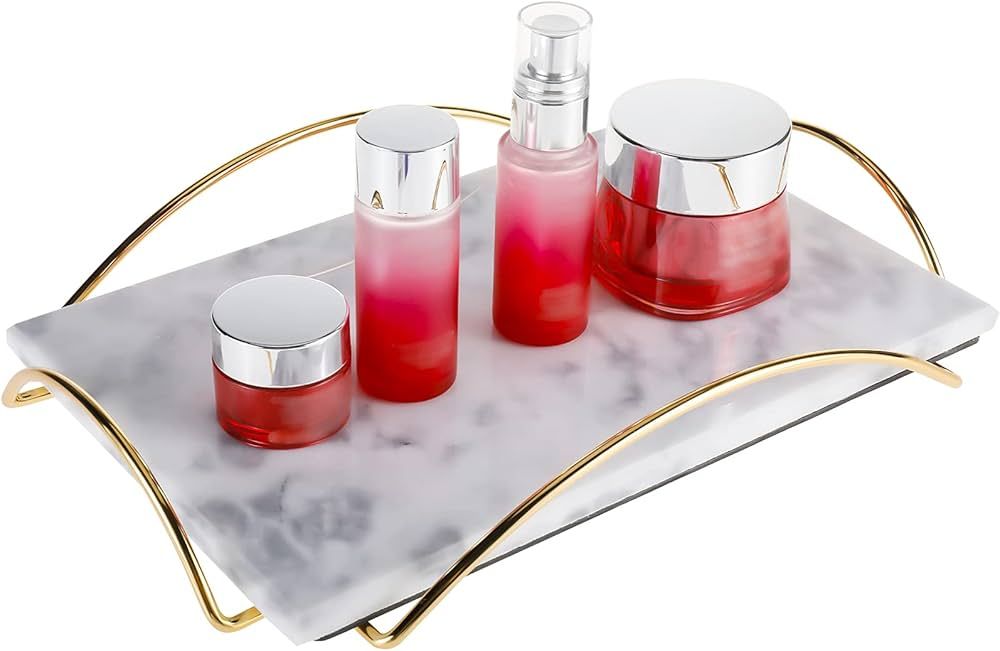 HighFree Marble Stone Decorative Tray, Perfume Tray with Copper-Color Metal Handles, Handmade Rea... | Amazon (US)