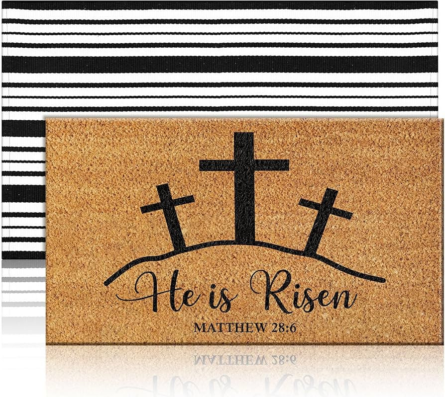 2 Pcs Easter Coir Doormat Outdoor Mat He is Risen Welcome Door Rug Layered Black and White Stripe... | Amazon (US)