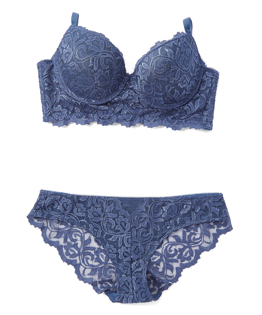 Rene Rofe Women's Bras - Navy Lace Fresh Air Full-Coverage Longline Bra & Bikini - Women | Zulily