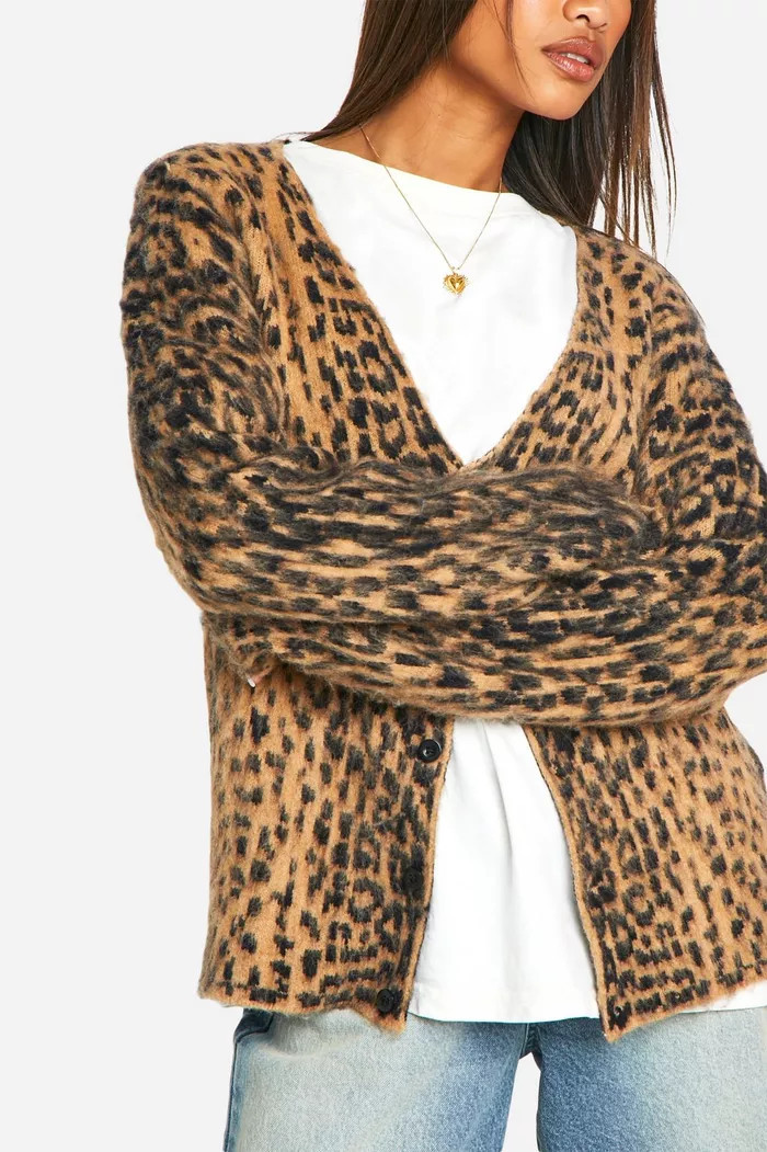 Brushed Leopard Knitted Cardigan | boohoo (US & Canada)